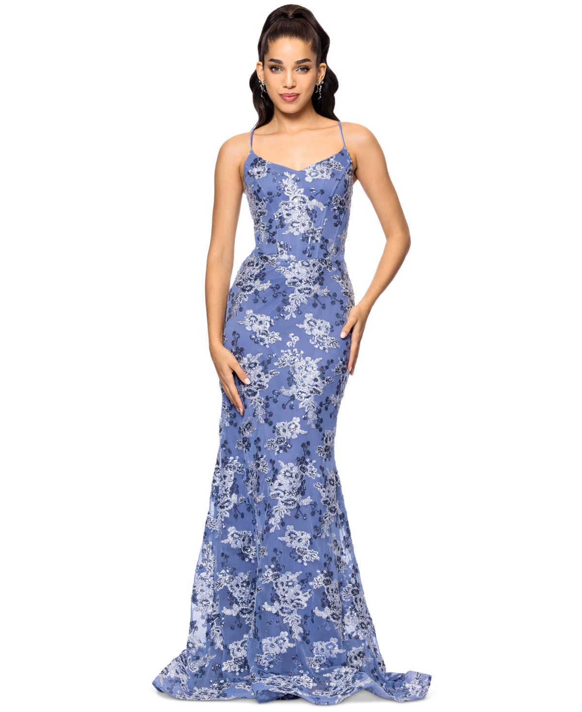 Betsy & Adam Women's Sequin Embroidered Mesh Sleeveless Gown - Blue Multi