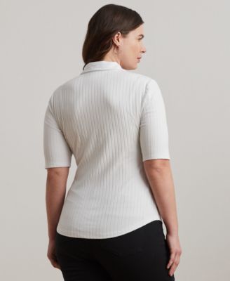 ラルフ・ローレン Lauren Ralph Lauren Plus Size Rib-ニット Elbow-Sleeve Polo Tee レディース Women's Lauren Ralph Lauren Plus Size Rib-Knit Elbow-Sleeve