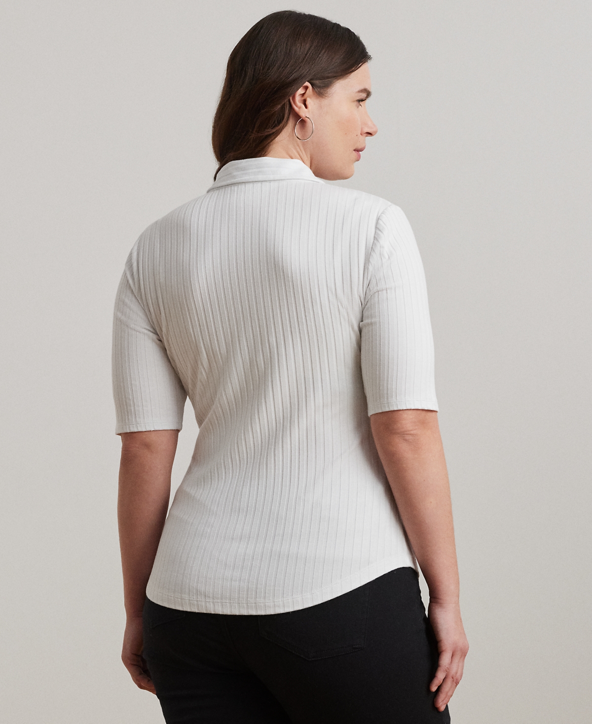 RALPH LAUREN PLUS SIZE RIB-KNIT ELBOW-SLEEVE POLO TEE 