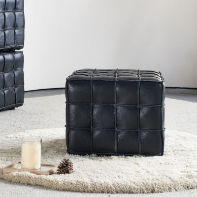17.32"W Genuine Leather Tufted Ottoman,Footstool for Living Room & Bedroom,Black Color
