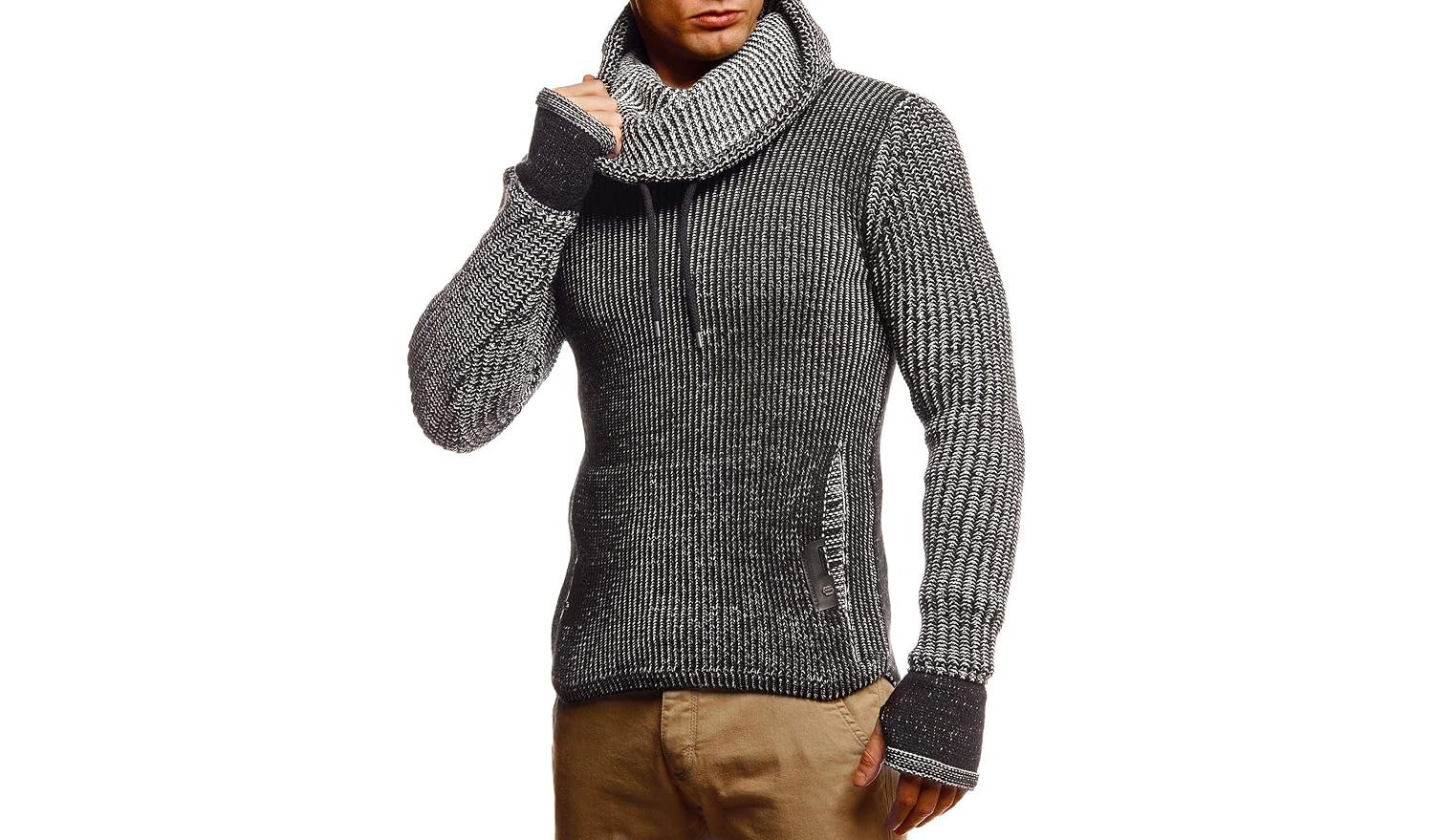 Men's Cowl Neck Knitted Pullover with Thumbhole Cuffs