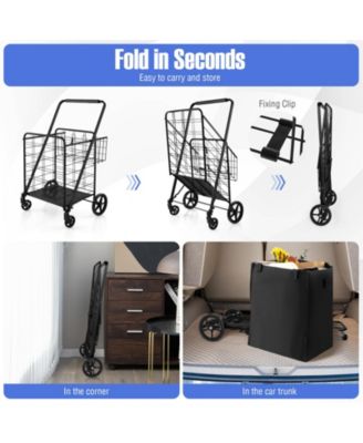 Folding Grocery Cart with Wheels, Basket, and Waterproof Liner for Easy Transport