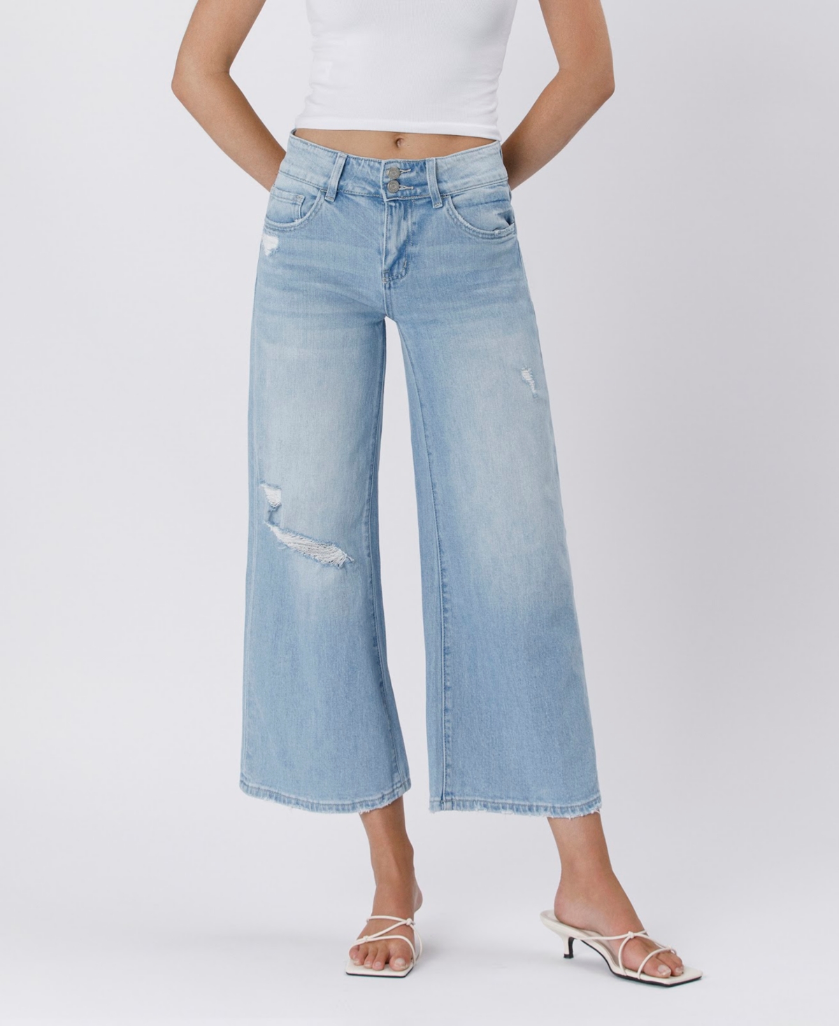 Women's High Rise Two Buttons Crop Wide Leg Jeans - Cava blue