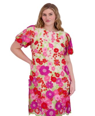 ワンピース Pedicel Embroidery Puff Sleeve Dress Eliza J Plus Size 3D Embroidered-Florals Puff-Sleeve Dress