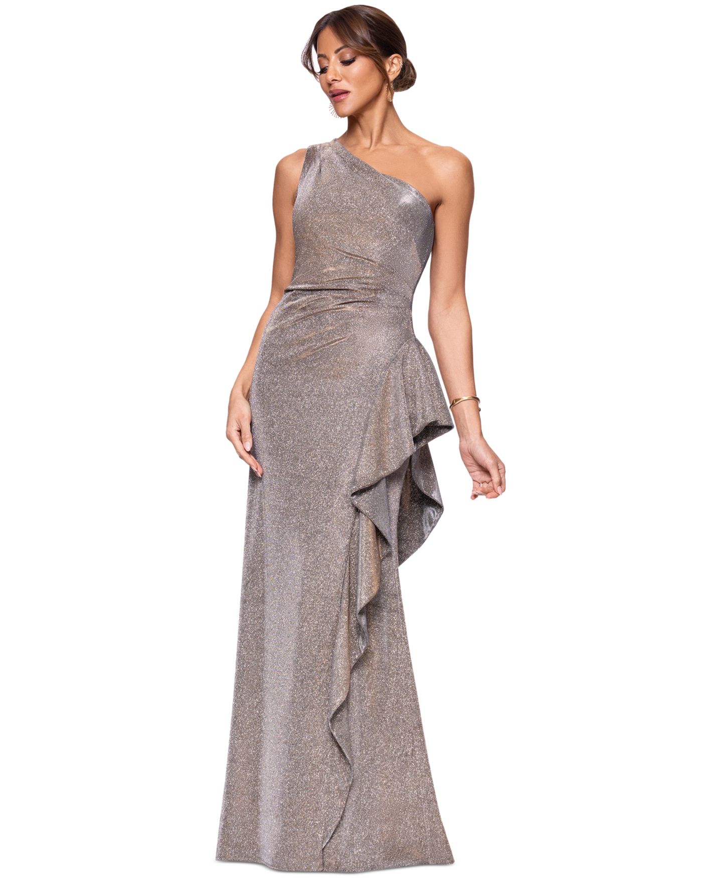 Женское платье XSCAPE Glitter Knit One-Shoulder Gown, цвет: Песочный — фото 2