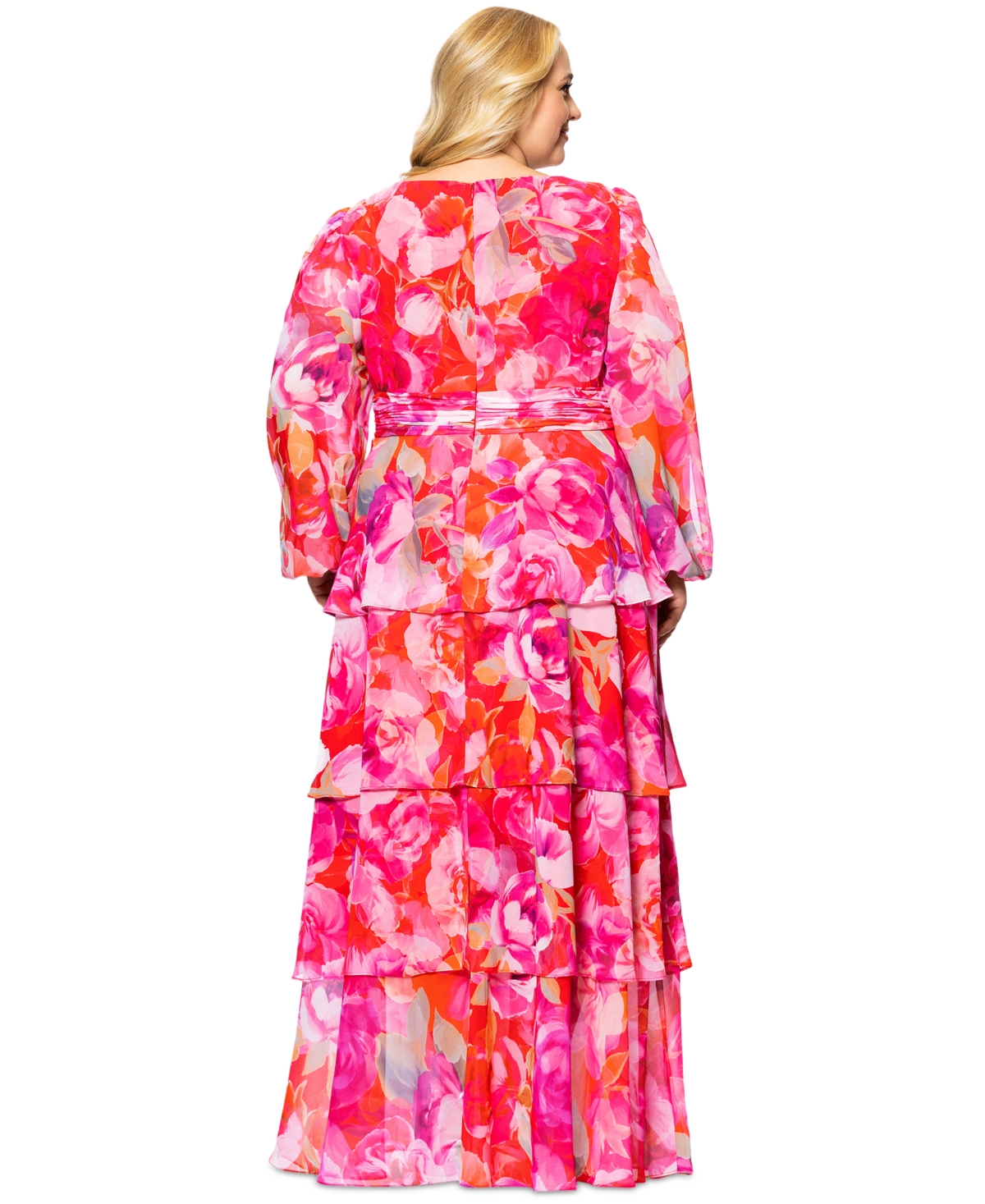 Xscape Plus Size Printed V-neck Tiered-ruffle Chiffon Dress In Red,fuchsia