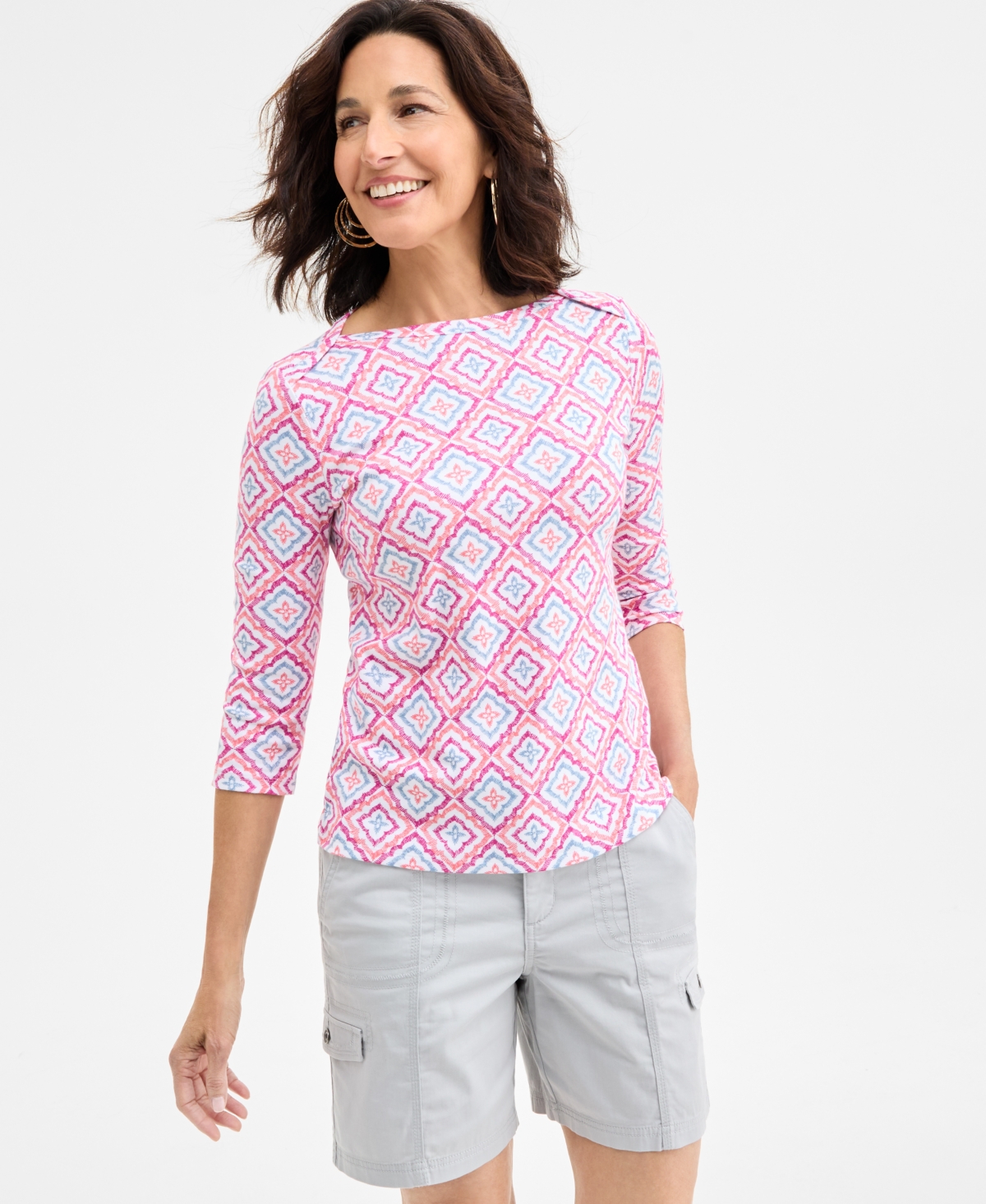 Shop Style & Co Women's Printed Cotton 3/4-sleeve Top, Exclusively At Macy's In Simple Rose