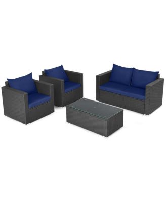 Set of 4 Rattan Furniture Set Cushioned Sofa Chair Coffee Table Patio
