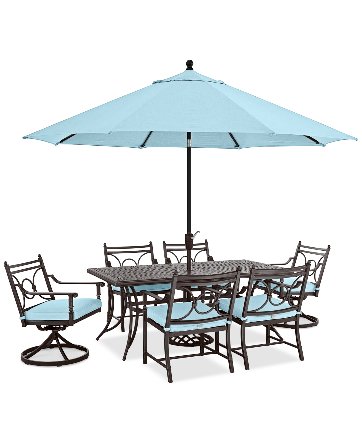 Agio Wythburn Outdoor Dining 7pc Set (72"x 38" Table & 4 Scroll Dining Chairs & 2 Scroll Swivel Chairs)