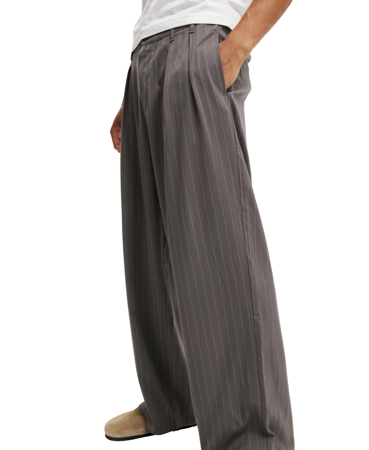 Shop Cotton On Men's Super Baggy Pleated Pants In Charcoal Pinstripe