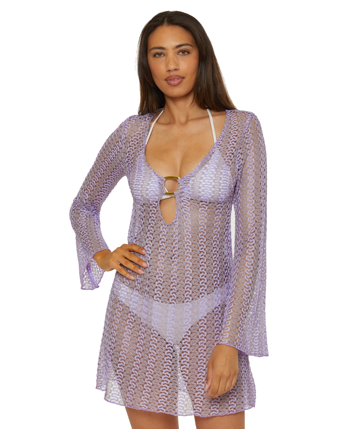 Becca Golden Beach Long Sleeve Lace Cover-up Tunic In Bellflower