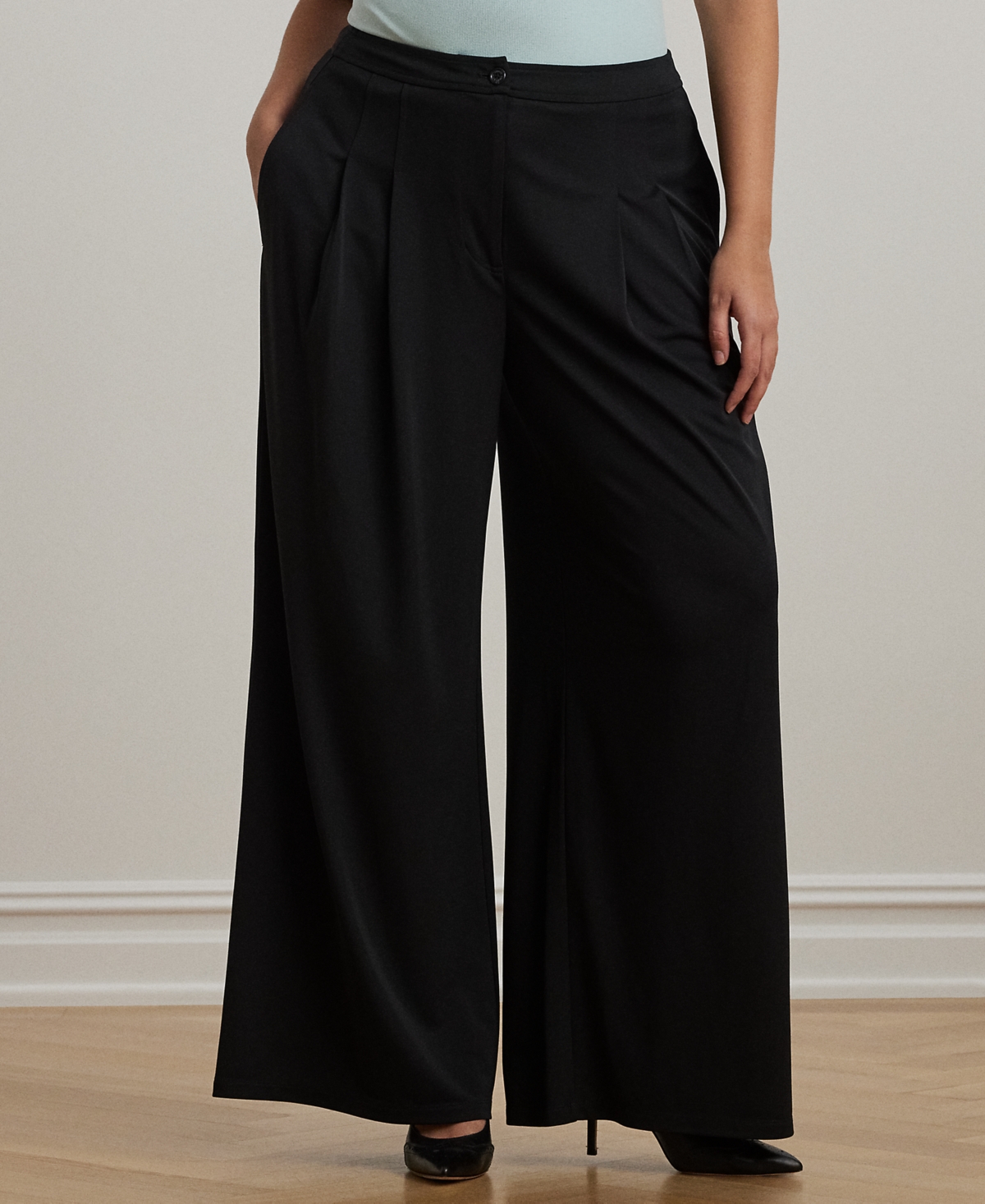 Plus Size Pleated Stretch Jersey Wide-Leg Pants - Black
