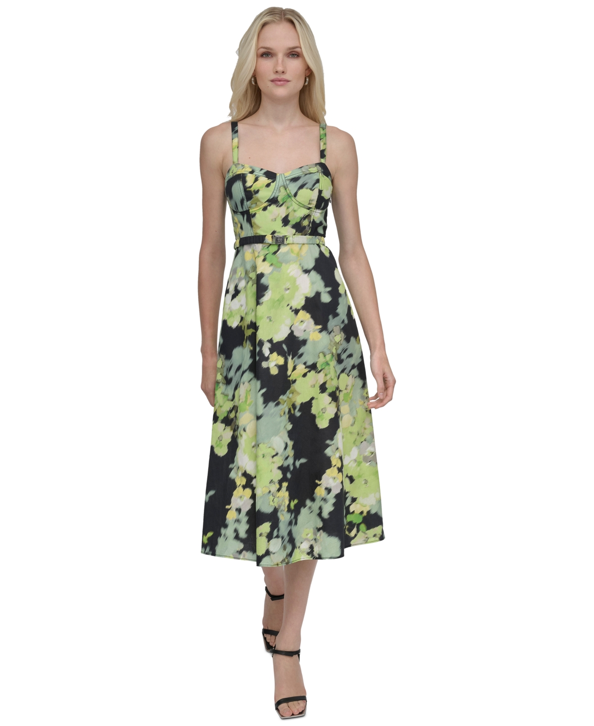 DKNY WOMEN'S COTTON CORSET BELTED MIDI DRESS 