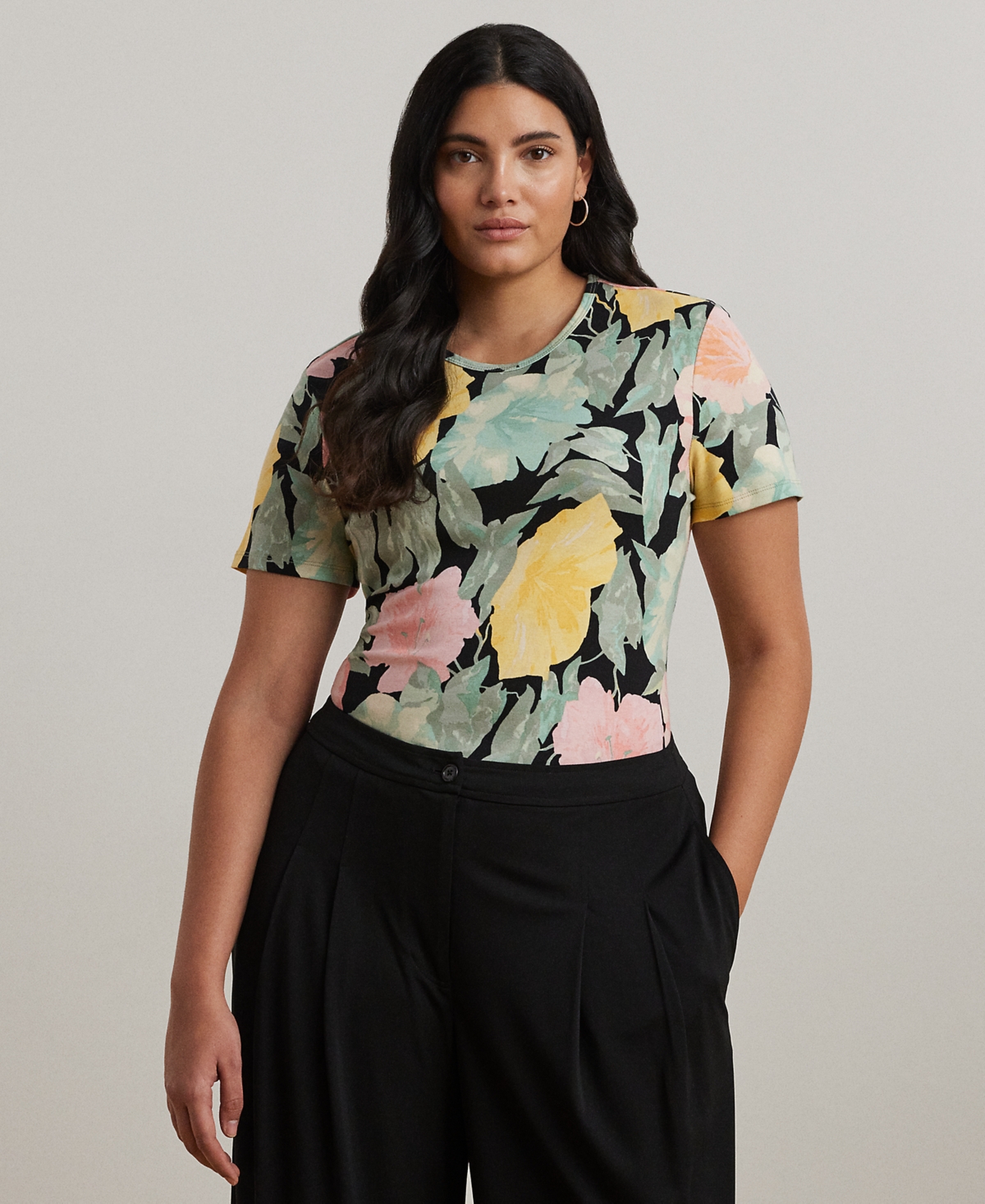 Shop Ralph Lauren Plus Size Floral Stretch Cotton Crewneck Tee In Black,pink,green