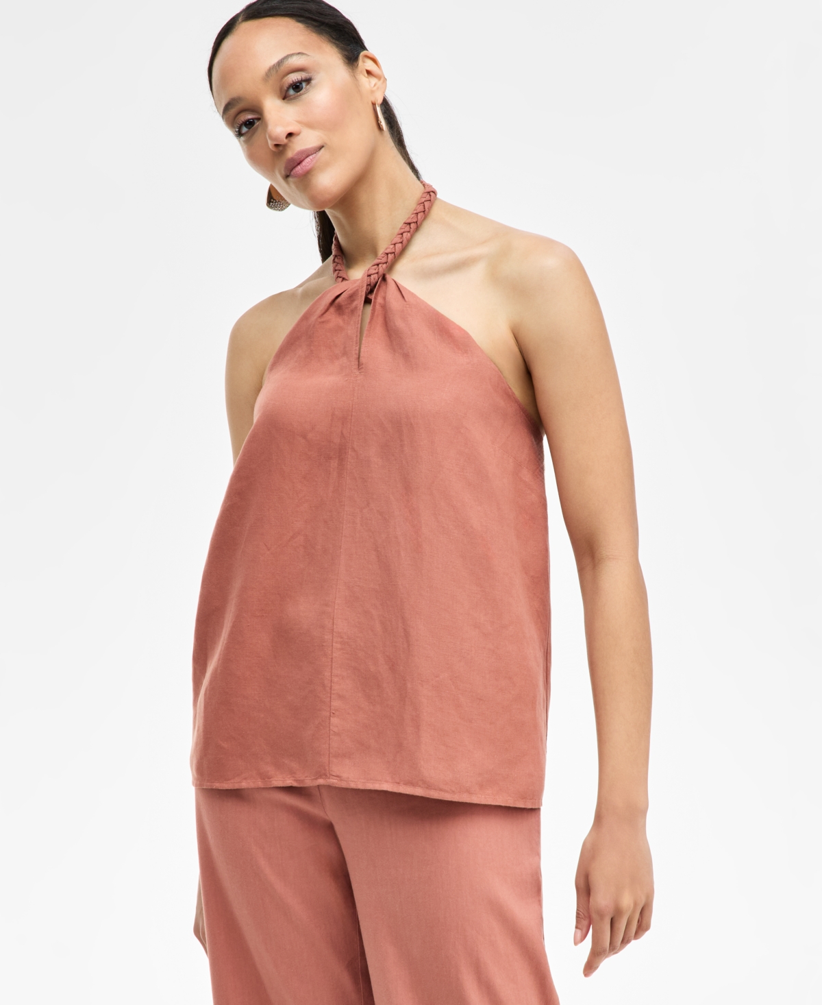 Women's Linen-Blend Braided Halter Top, Exclusively at Macy's - Copper Brown