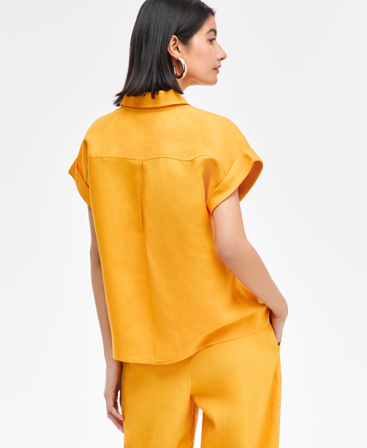 Inc International Concepts Women's Linen-blend Short-sleeve Blouse, Exclusively At Macy's In Bright Honey