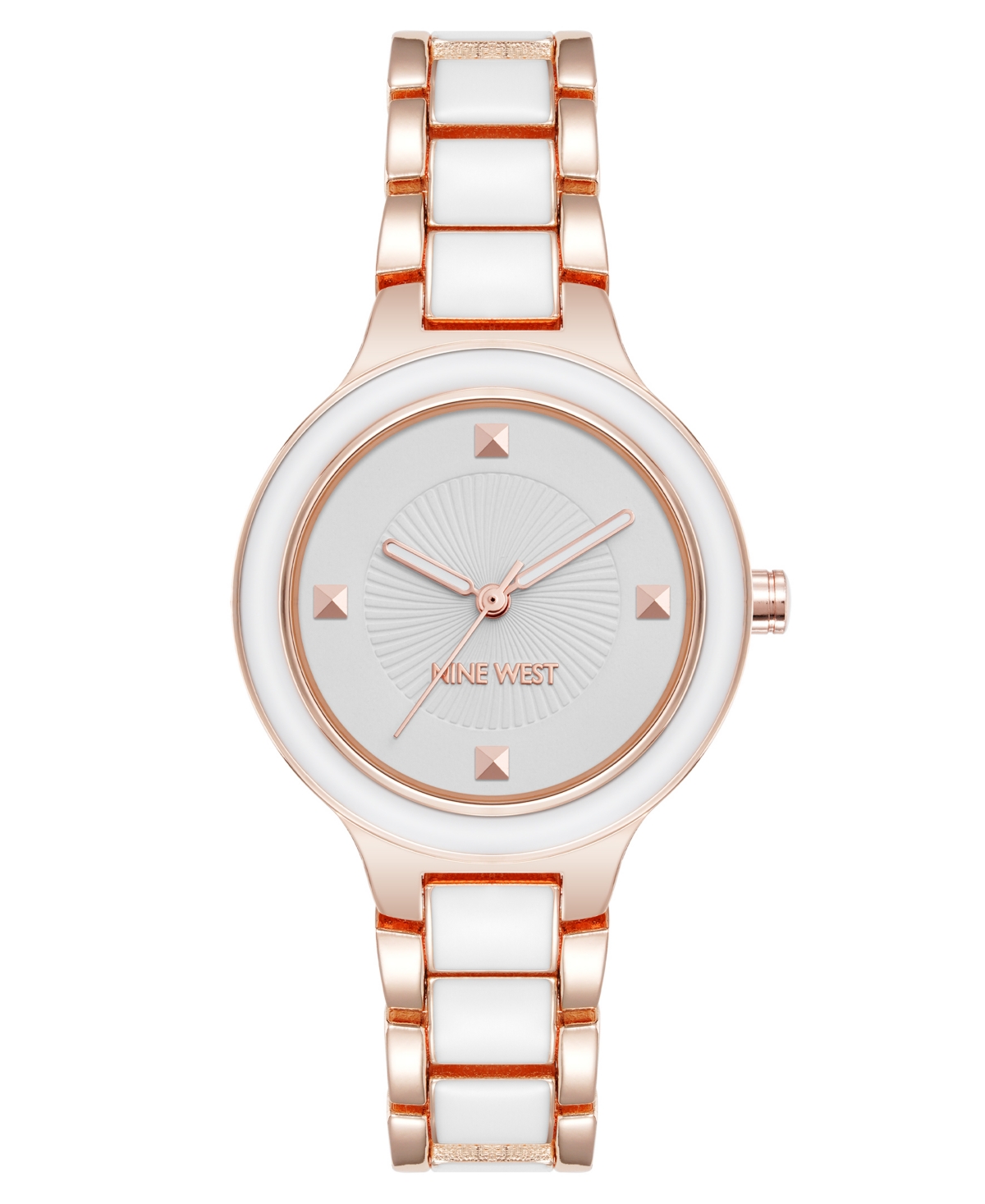 Nine West Women's Quartz Round White Enamel And Rose Gold-tone Metal Alloy Watch, 32mm In White,rose Gold-tone