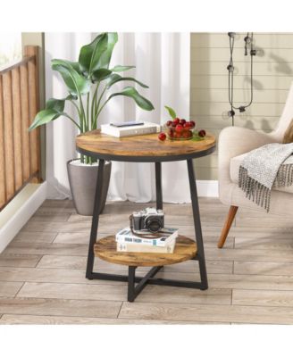 End Table, 2 Tier Round Side Table with Storage Shelf, Industrial Nightstand Bedside Table Coffee Accent Table for Living Room Bedroom Small Space
