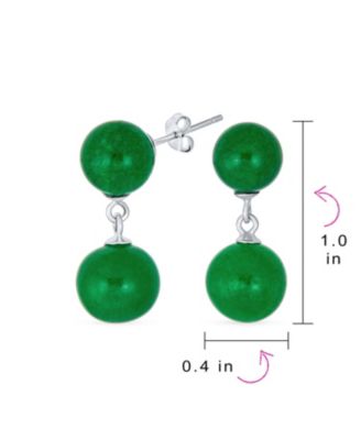 Classic Simple Dangle Double Round Natural Teal Blue Green Jade 2 Drop Ball Earrings .925 Sterling Silver 10MM