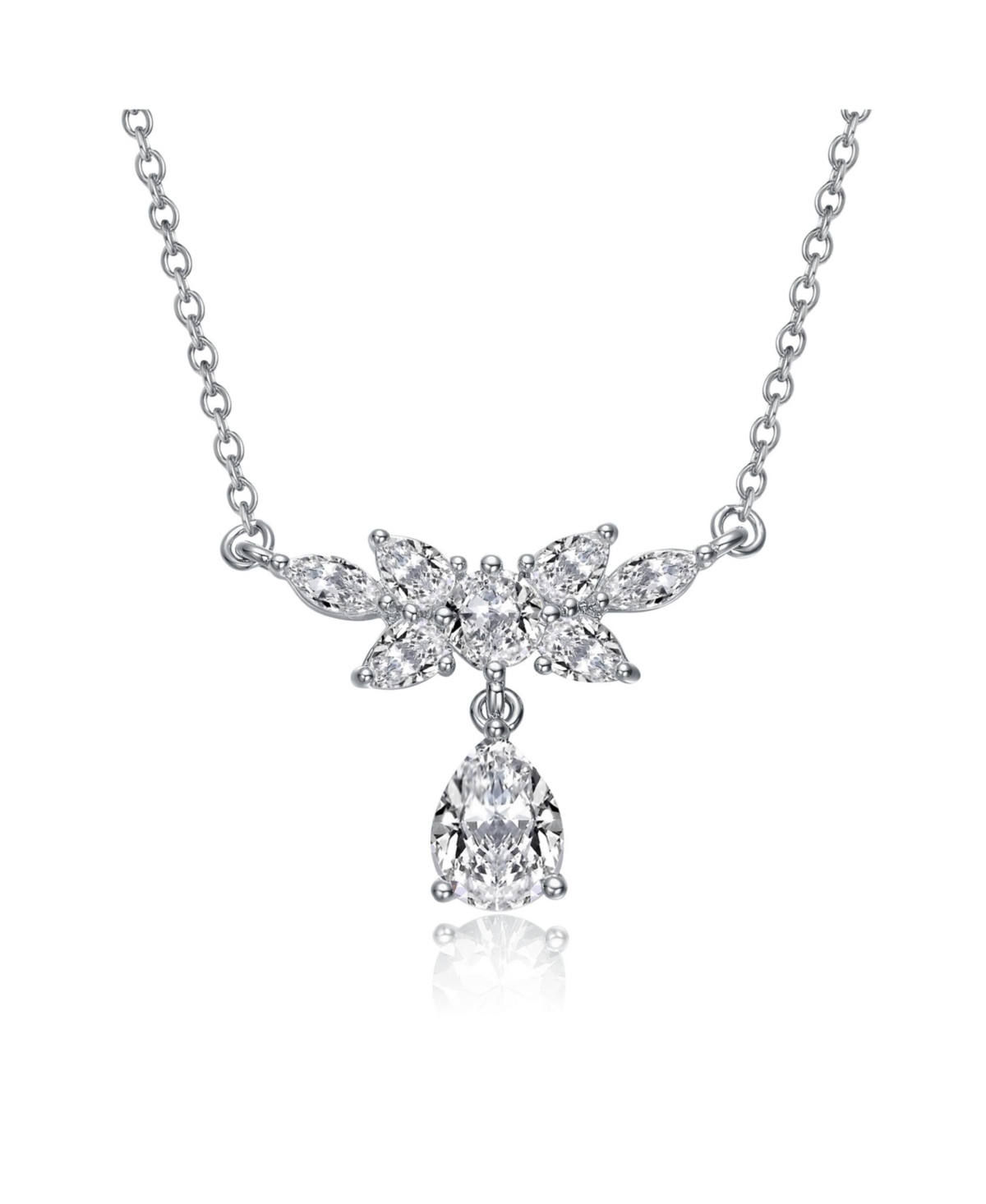 Sterling Silver White Gold Plated with Clear Cubic Zirconia Teardrop Necklace - White