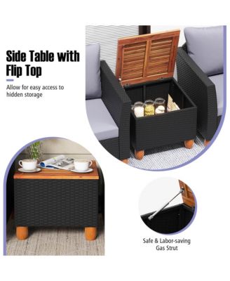 Set of 3 Rattan Furniture Set Patio Cushioned Sofa Storage Table w/ Wood Top