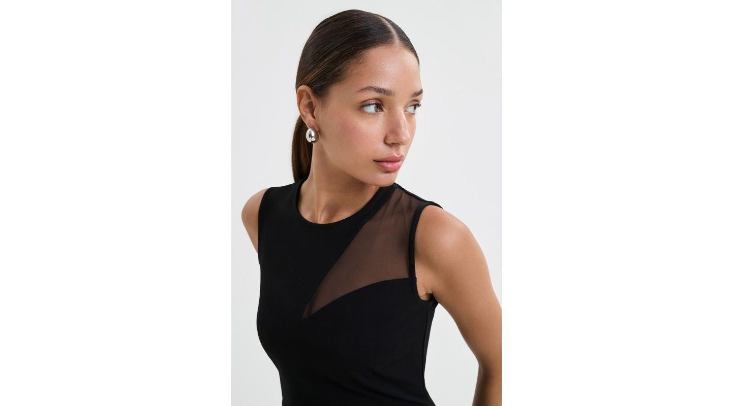 Женское платье Marcella Bryant Round-Neck Mesh-Shoulder Sleeveless Back-Slit Midi, цвет: Чёрный — фото 3