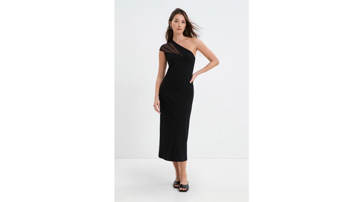Женское платье Marcella Kiran Fitted One-Shoulder Mesh Asymmetric Midi, цвет: Чёрный — фото 5