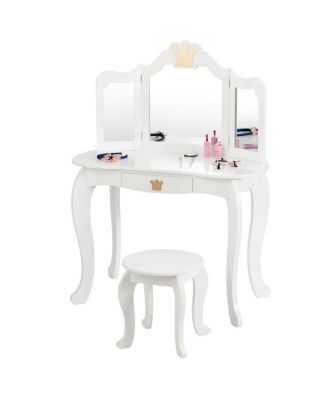 Kids Makeup Dressing Table with Tri-folding Mirror and Stool