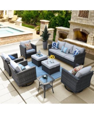 8 Piece Outdoor Wicker Patio Set with High Back Sofa, 360degree(s) Swivel Rocking Chairs & Ottoman for Porch Pool