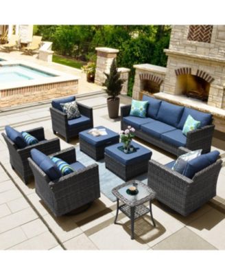 8 Piece Outdoor Patio Furniture Set,High Back Wicker Sofa Couch with 360° Swivel Rocking Chairs,Rattan Chairs and Ottoman Conversation Set for Patio Porch Pool