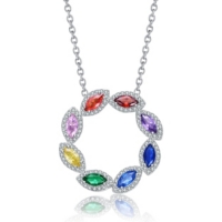 White Gold Plated with Multi-Colored Cubic Zirconia Round Petals Pendant Necklace - Open miscellaneous