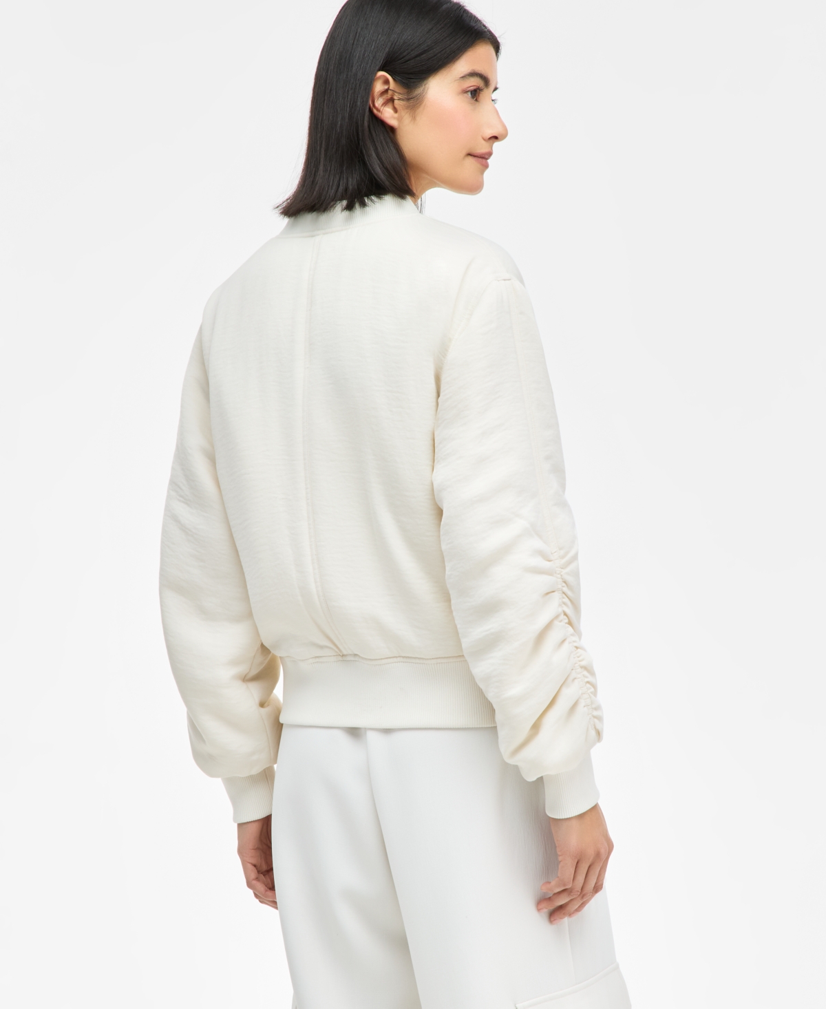 Inc International Concepts Women's Satin Ruched-sleeve Bomber Jacket, Exclusively At Macy's In Vintage Cream