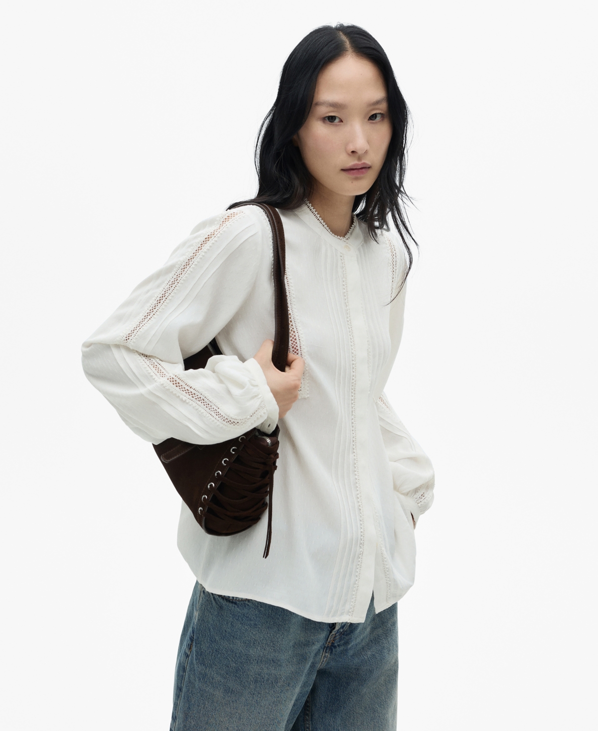 MANGO WOMEN'S OPENWORK DETAIL BLOUSE TOP 