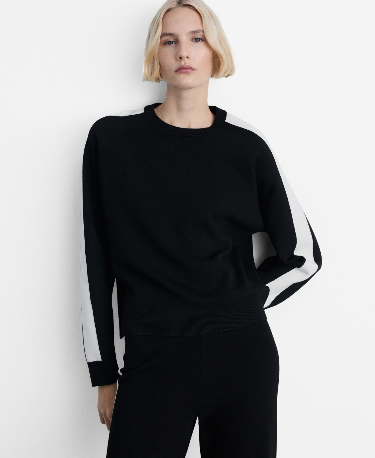 Mango Stripe Sleeve Crewneck Sweater In Black