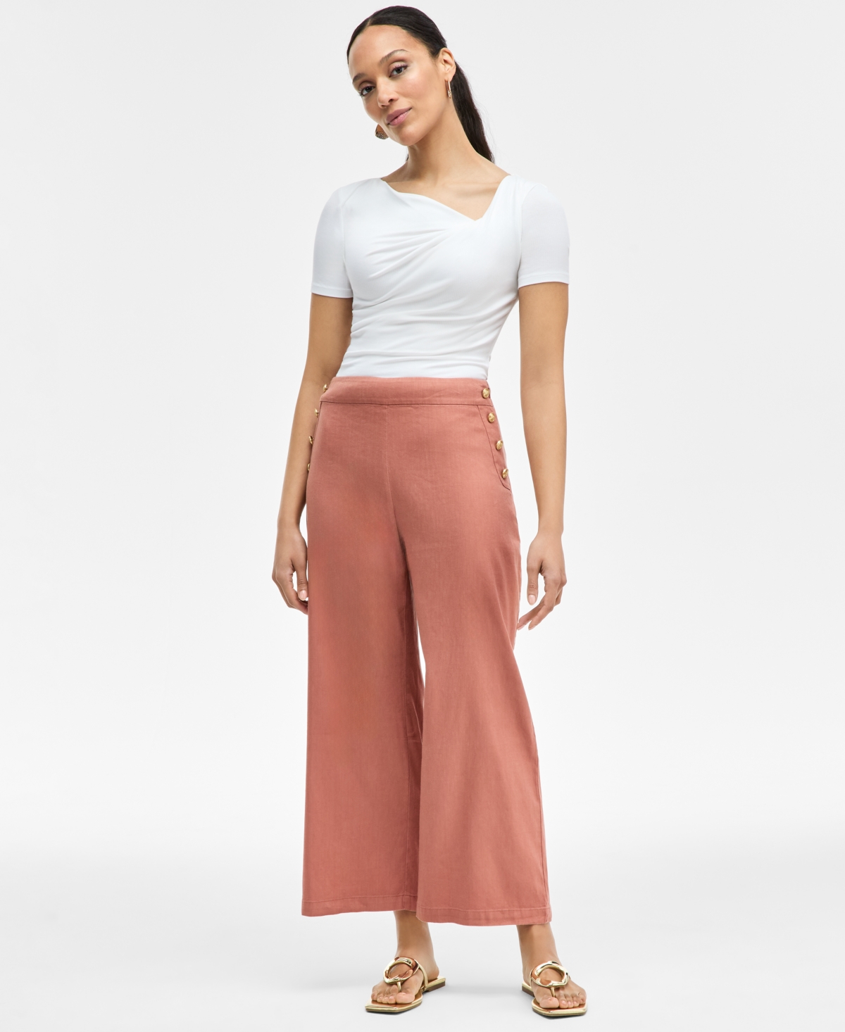 Inc International Concepts Women's Button-trim Wide-leg Pants, Created For Macy's In Copper Brown