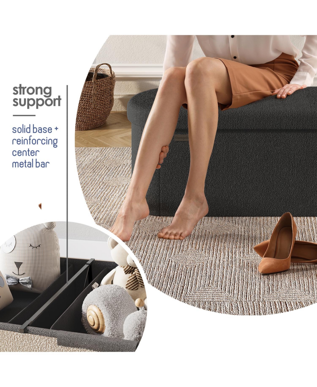 Ovel Boucle Ottoman Storage Bench – Modern Foot Stool