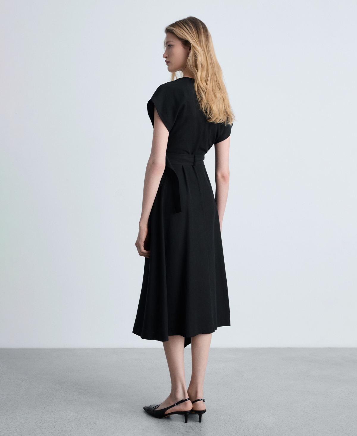 Mango Asymmetrical Dress With Belt Black In Black