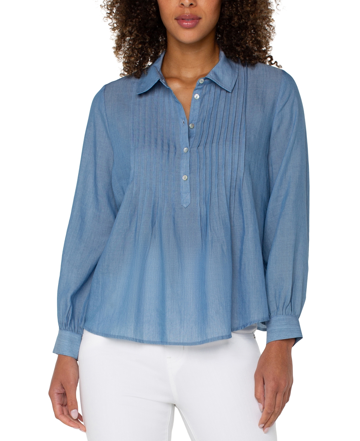 Petite Long-Sleeve Popover Woven Blouse - Bridgeton Light