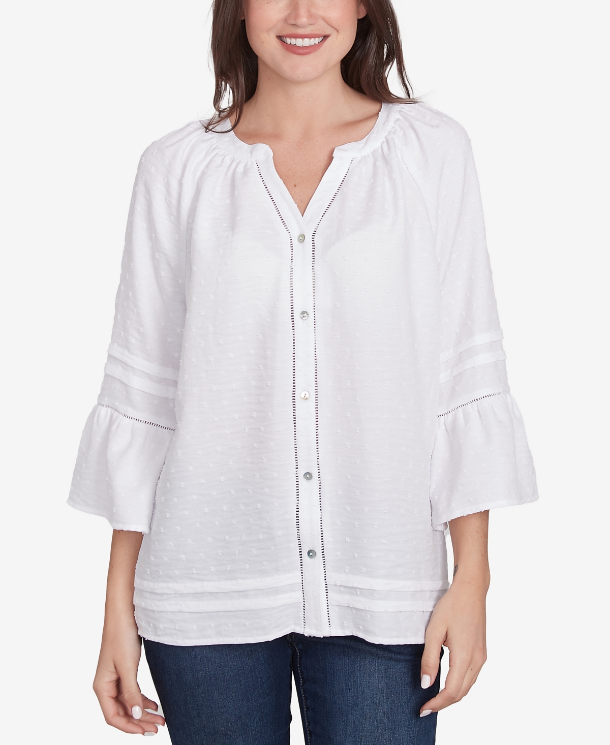 Petite Clip Dot Button Front Flared V-Neck Top - White