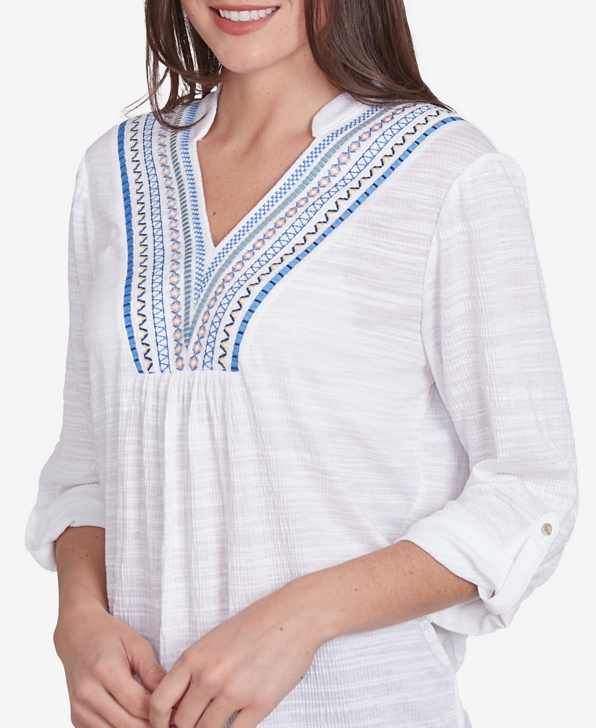 Ruby Rd. Petite Soft Relaxed Textured Trim V-neck Top In White