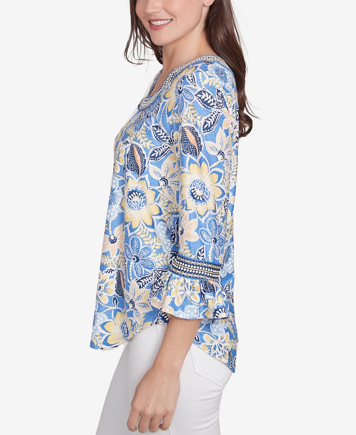 Ruby Rd. Petite Bohemian Floral Puff Print Crew Neck Top In Bluebird Multi