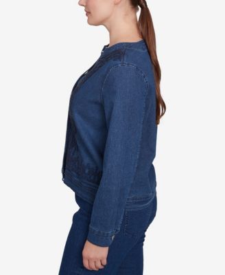 Petite Dark Stretch Denim Embroidered Jacket