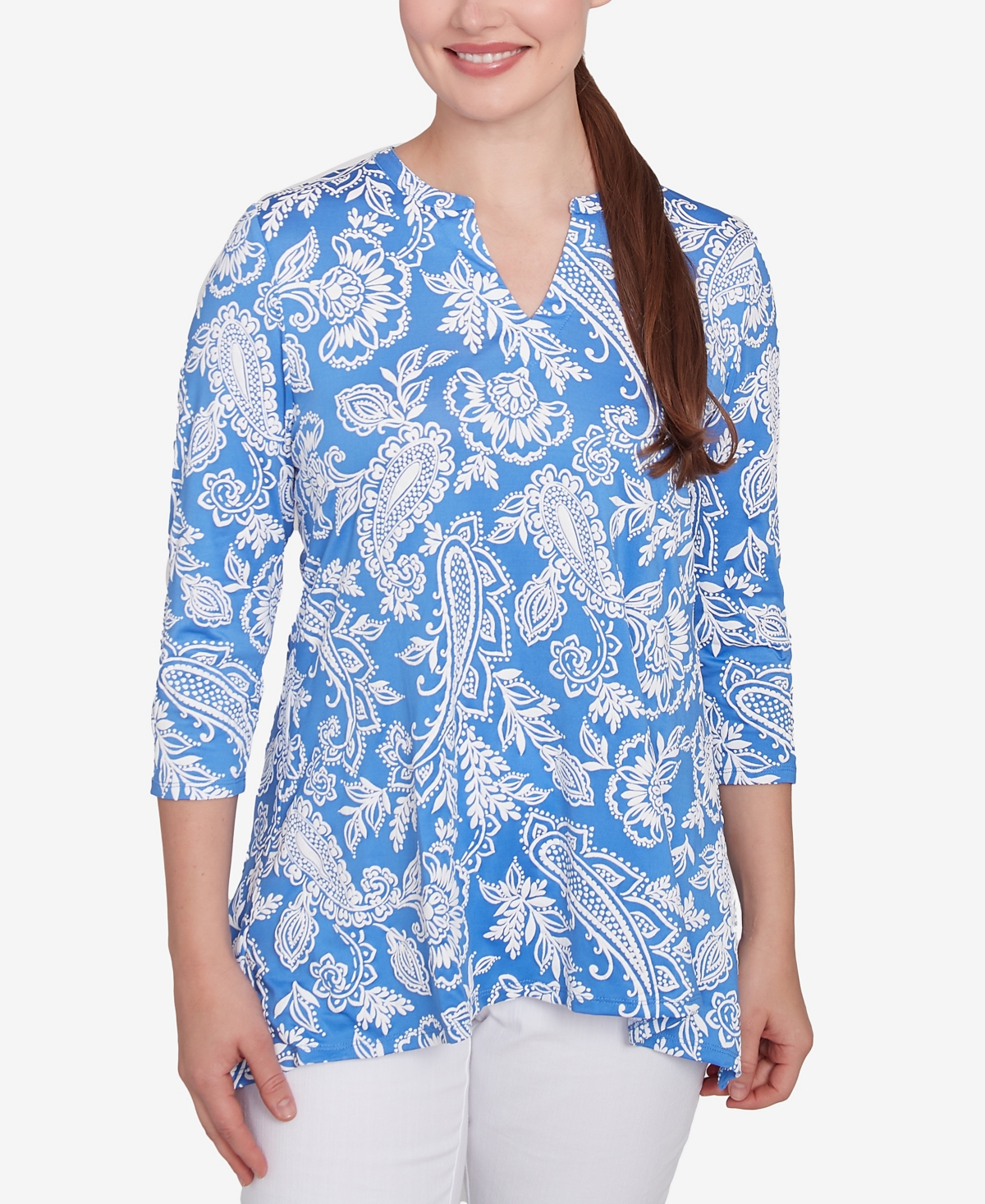 Petite Jacobean Paisley Puff Print V-Neck Top - Lemon Multi