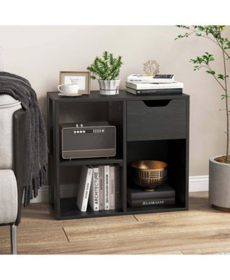 2 PCS 3-Cube Bookcase Organizer with 2-tier Wooden Storage Shelf & Pull-out Drawer