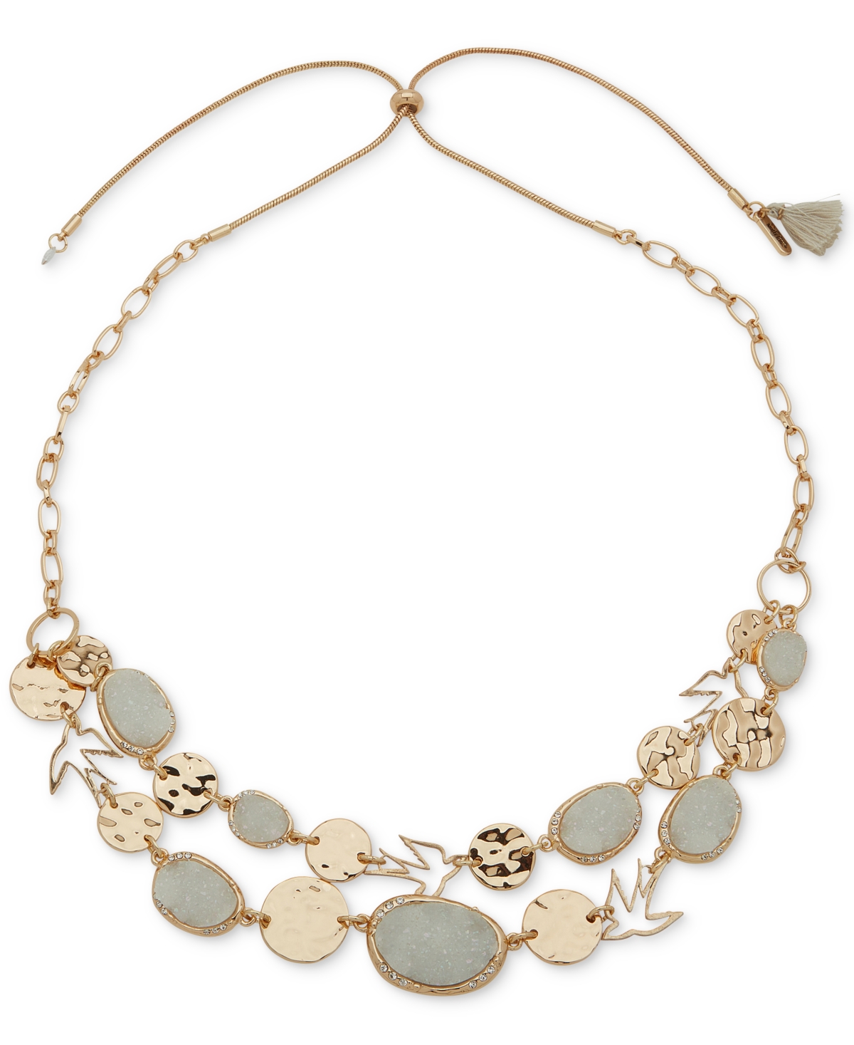 Gold-Tone Bird, Disc & Drusy Stone Layered 26" Adjustable Statement Necklace - Silver