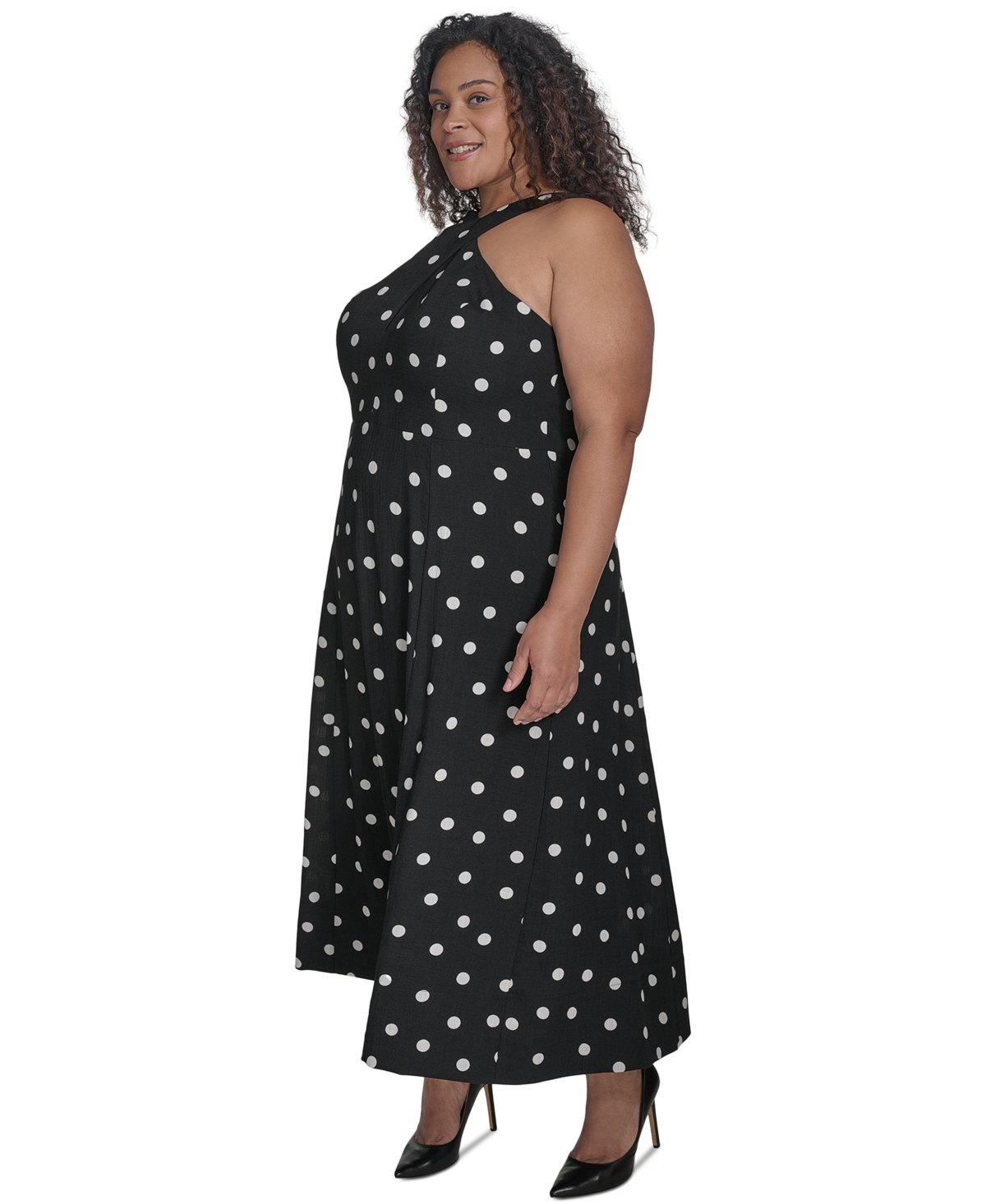 Shop Dkny Plus Size Polka-dot Crisscross Halter Maxi Dress In Black,ivory
