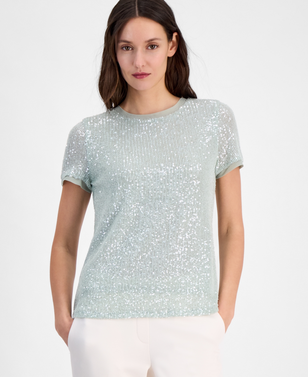 ANNE KLEIN PETITE CREWNECK SHORT-SLEEVE SEQUIN T-SHIRT 