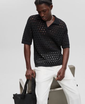 Men's Johnny-Collar Open-Stitch Short-Sleeve Sweater, Exclusively at Macy's
