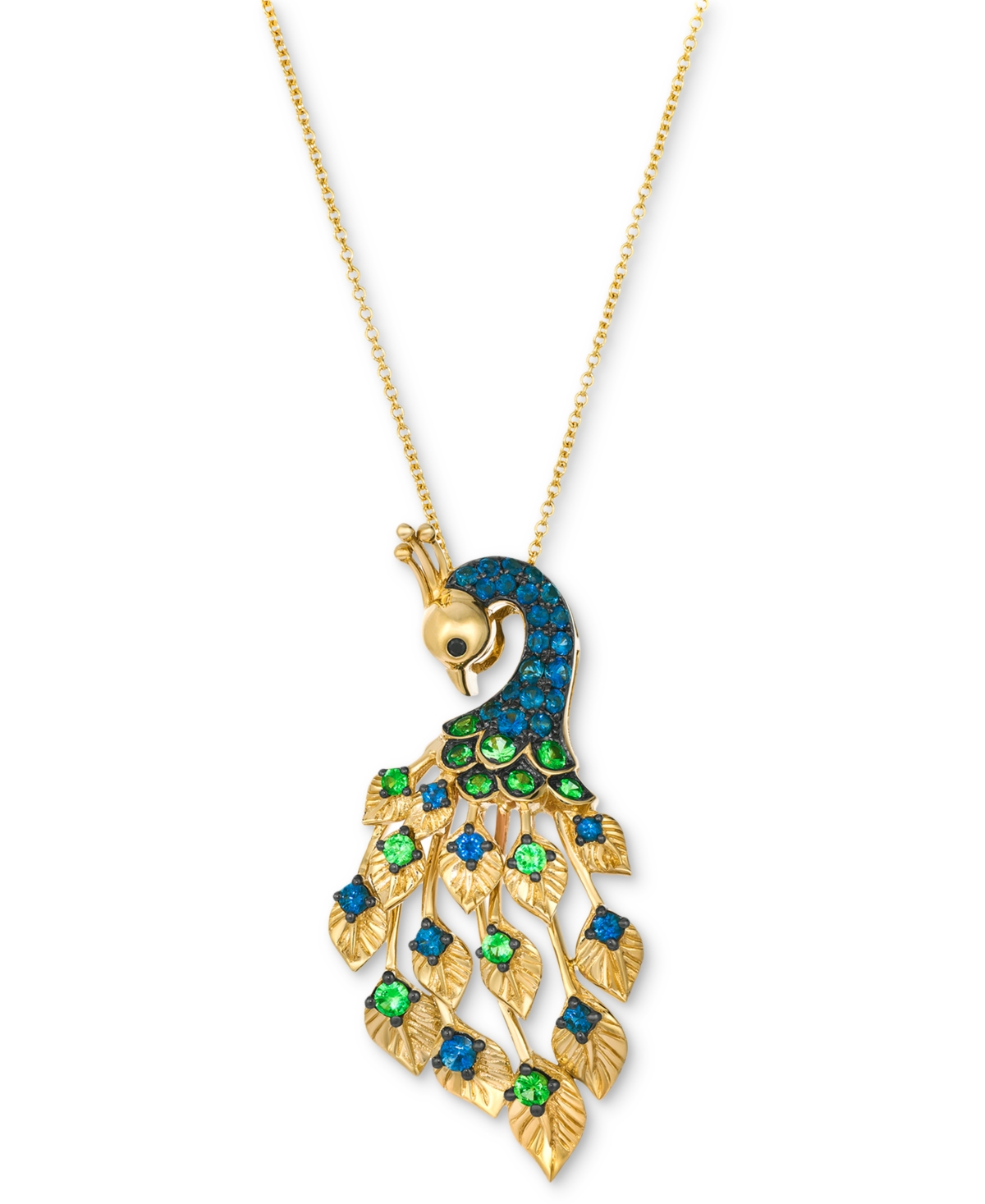 Sapphire (5/8 ct. t.w.), Tsavorite (3/8 ct. t.w.) & Black Diamond Accent Peacock 20" Pendant Necklace in 14k Gold - Yellow Gold