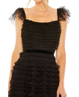 【Mac Duggal】Black☆エレガント 装飾 パフスリーブ MIDIドレス Mac Duggal 55694 Dress | NewYorkDress.com